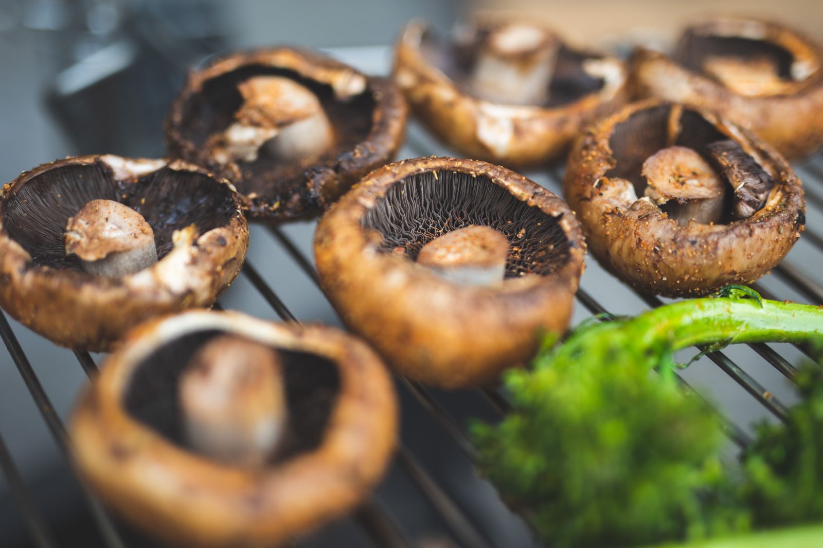 This image shows the folding grill cooking mushrooms. This image shows the folding grill cooking mushrooms.
