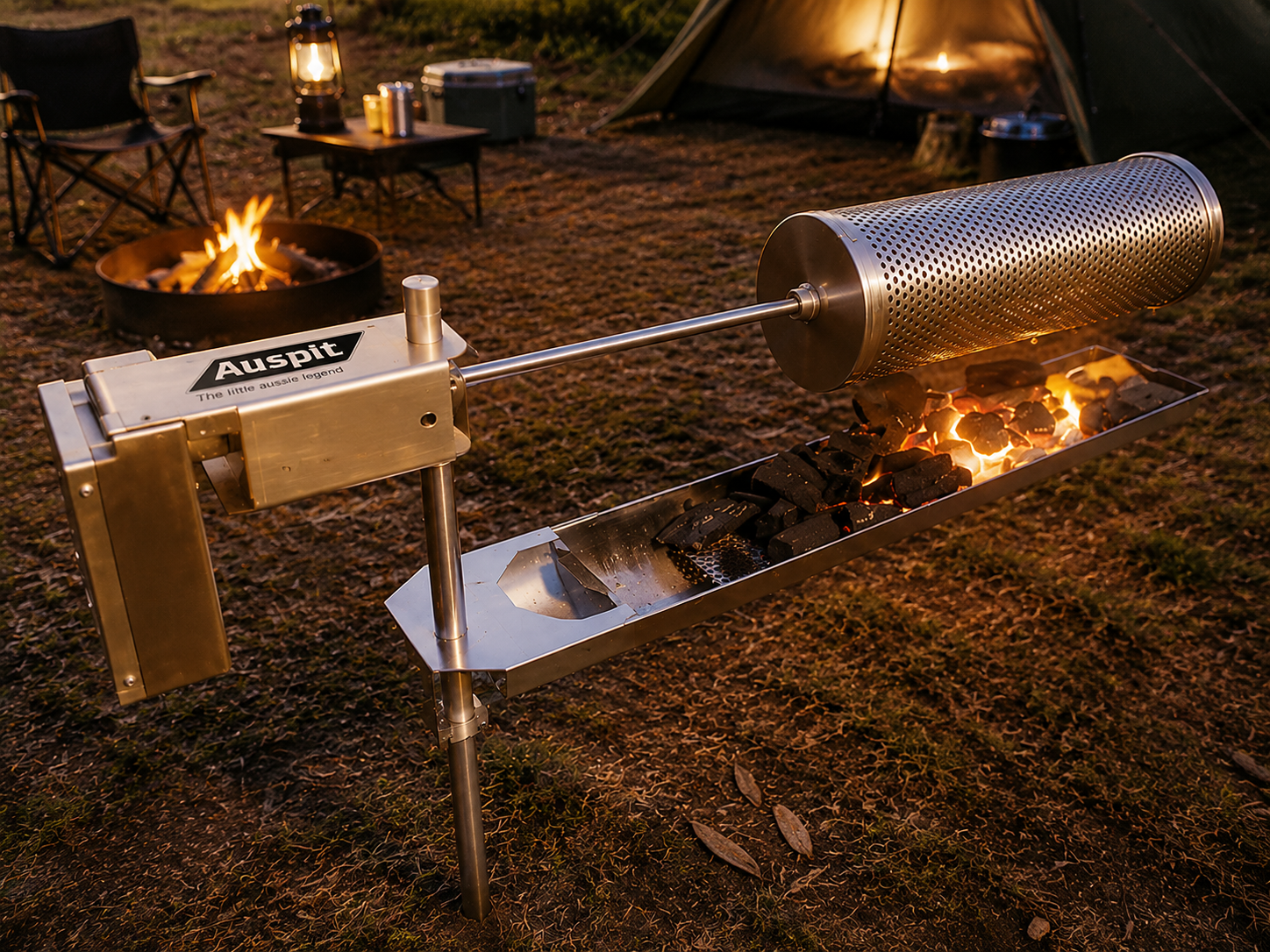 Auspit Gold premium portable spit rotisserie cooking a large roast outdoors