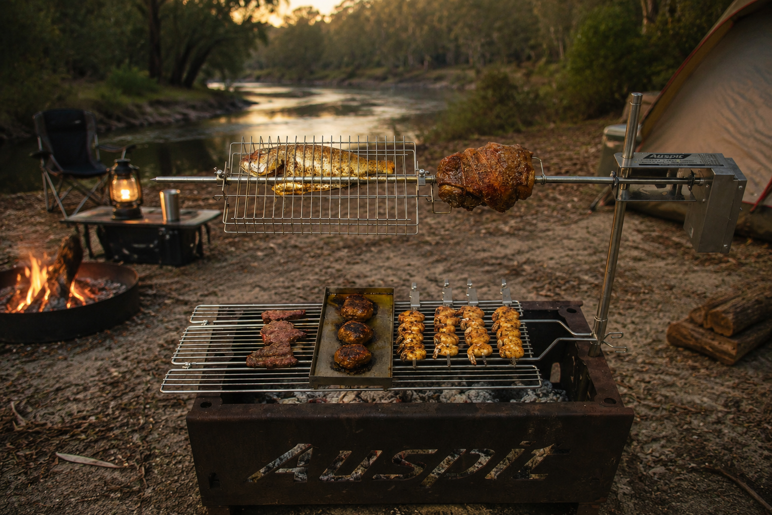 Auspit Silver stainless steel portable spit rotisserie being used outdoors