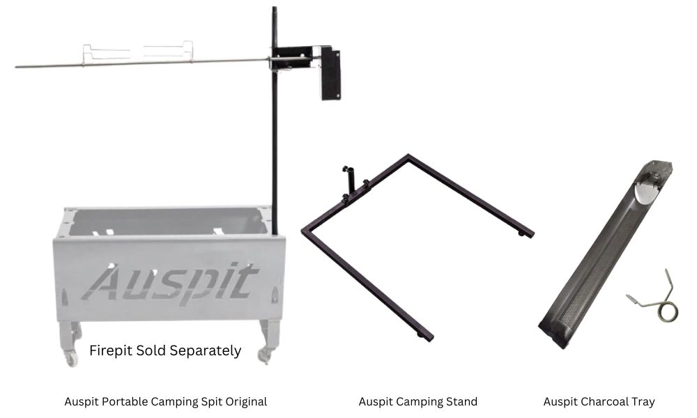 This image shows Auspit Camping Spit Original, Camping Stan and Charcoal Tray