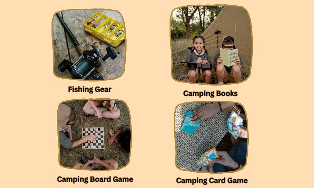 Camping entertainment essentials including fishing gear, camping books, board games, and card games.