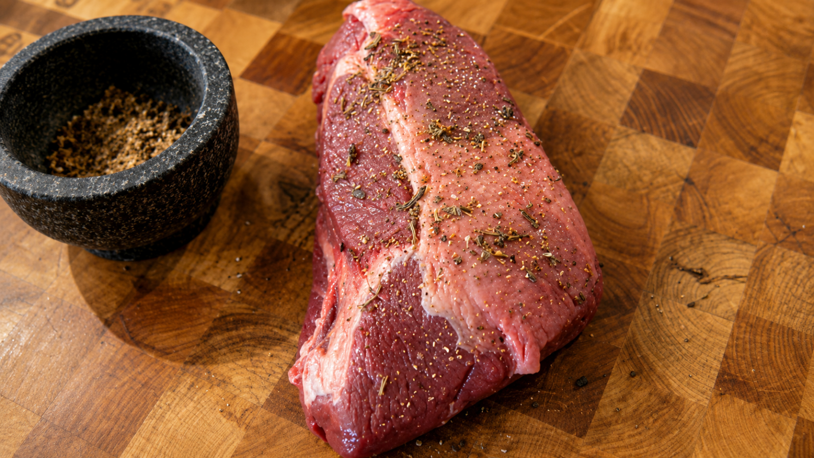 This image shows a roast beef seasoned ready for skewer. This image shows a roast beef seasoned ready for skewer.