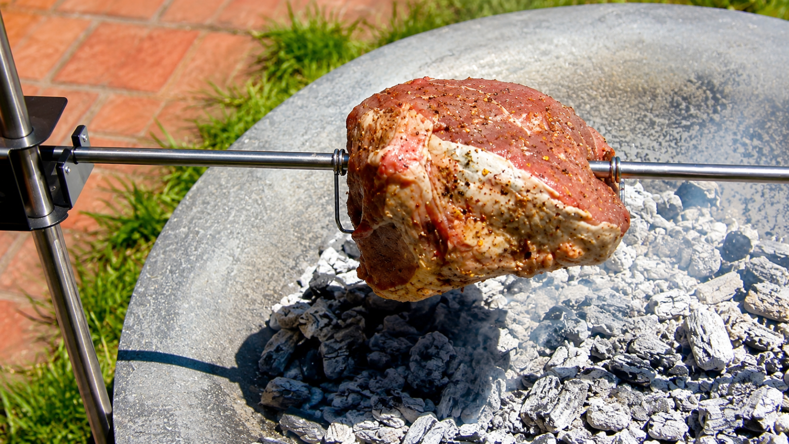 This image shows the roast beef spinning over charcoal. This image shows the roast beef spinning over charcoal.