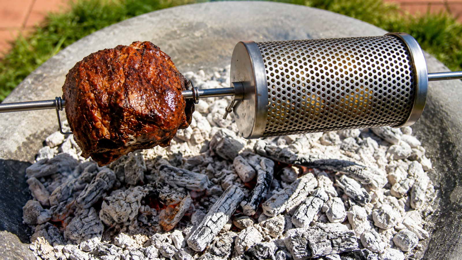 This image shows potatoes cooked with spitmate and roast beef being cooked. This image shows potatoes cooked with spitmate and roast beef being cooked.
