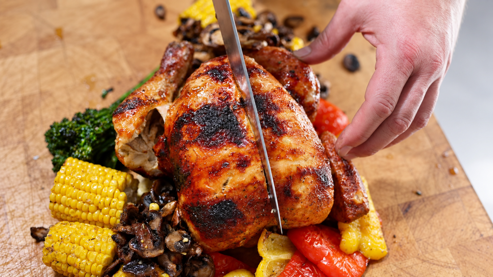 This image shows a roasted whole chicken.
