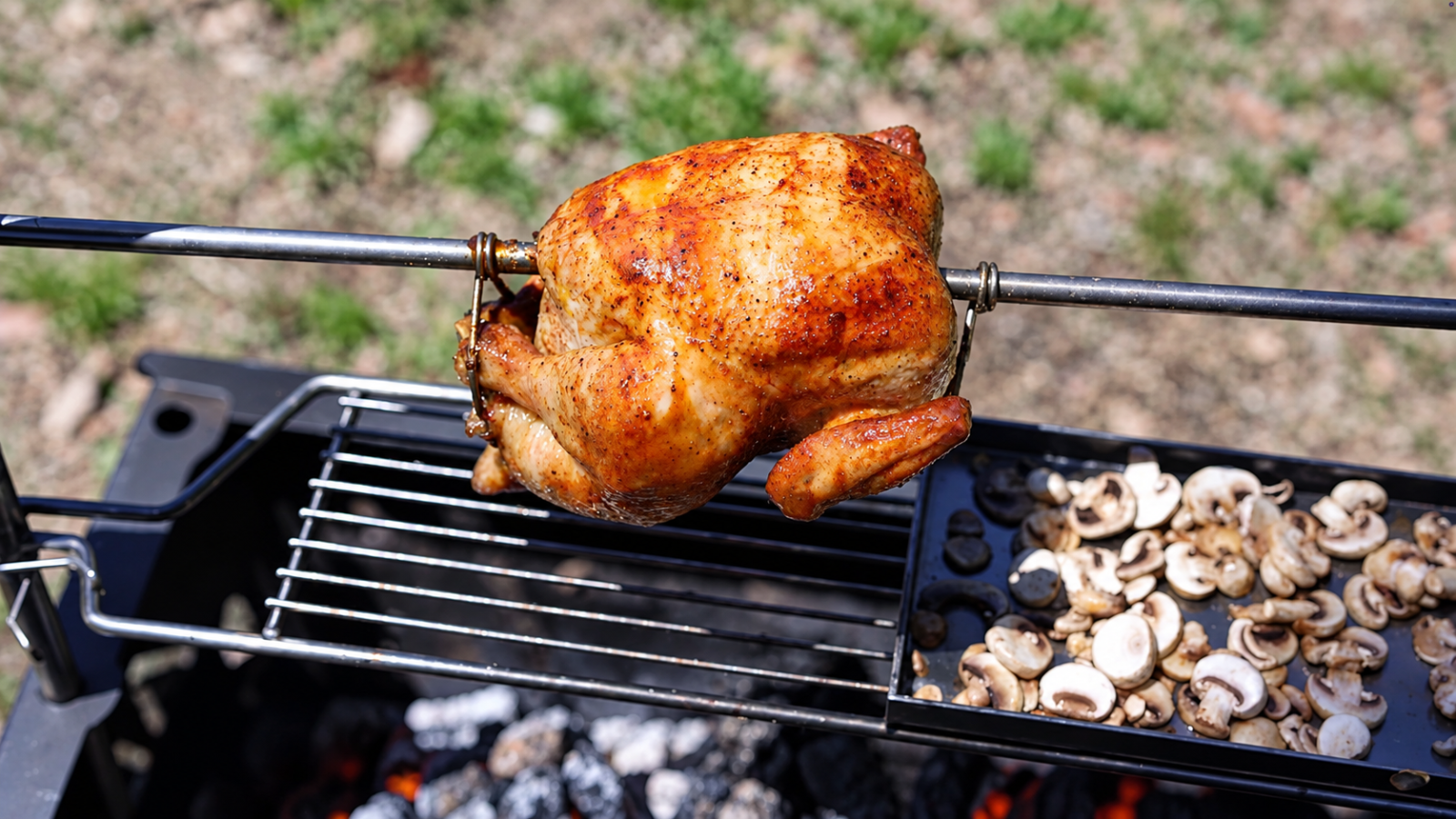 This image shows the whole chicken being cooked on the rotisserie.