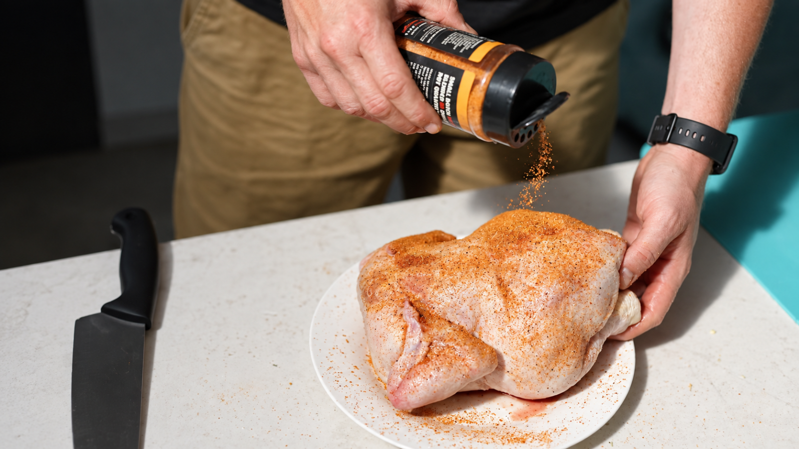This image shows the whole chicken being seasoned with a BBQ rub.