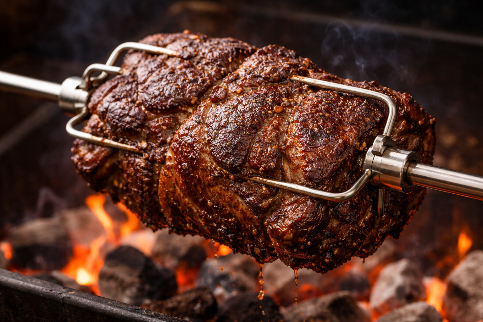 Close-up of a chuck roast secured on a rotisserie spit, slowly turning over glowing charcoal with a caramelised crust, visible seasoning, and juices dripping as it cooks over open flame.