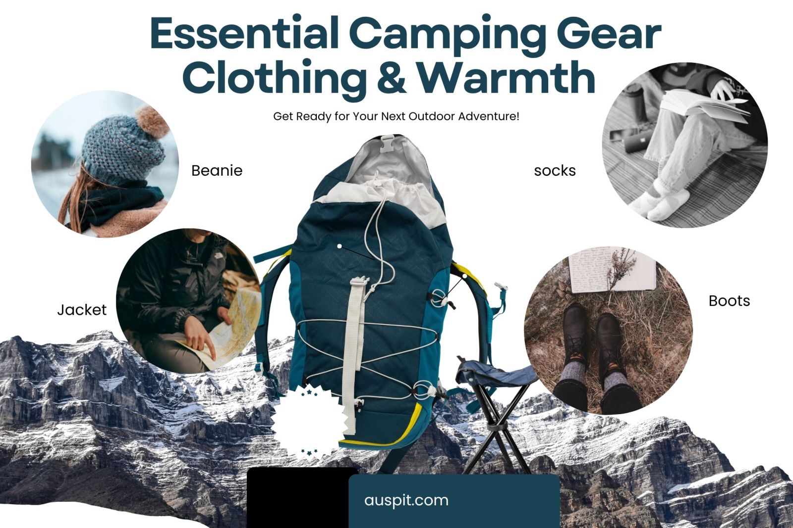 Essential camping gear for clothing and warmth, featuring a backpack, jacket, beanie, socks, and boots, with a mountain backdrop.