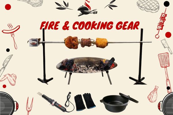 Portable camping spit roaster with meat over a fire pit, shown with BBQ gloves, camp oven, and firelighter.