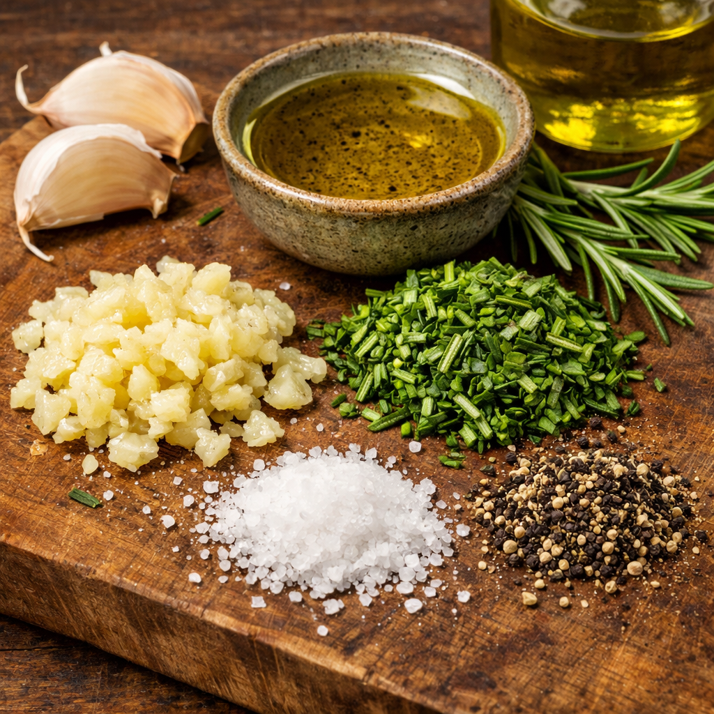 Seasoning for lamb for Easter with crushed garlic, rosemary, olive oil, sea salt and cracked black pepper on wooden board