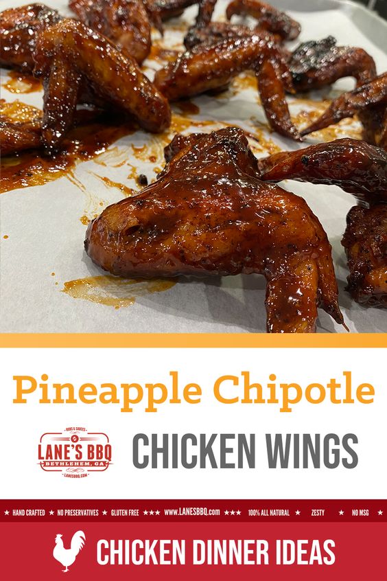This image shows bbq chicken wings that were finished with Lane BBQ Pineapple Chipotle Sauce