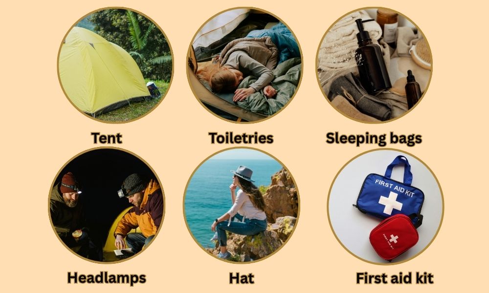 Camping essentials including tent, toiletries, sleeping bags, headlamps, hat, and first aid kit.