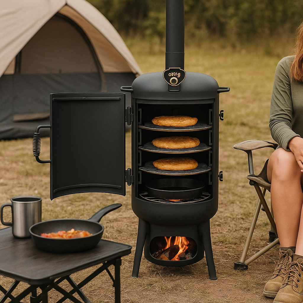 An Ozpig Oven Smoker in use at a campsite, with its door open and three pieces of bread or damper cooking on internal racks over a visible fire. A woman sits nearby in a camping chair, and a foldable table in front holds a pan of food and a metal mug. A large tent and surrounding greenery complete the relaxed outdoor setting.