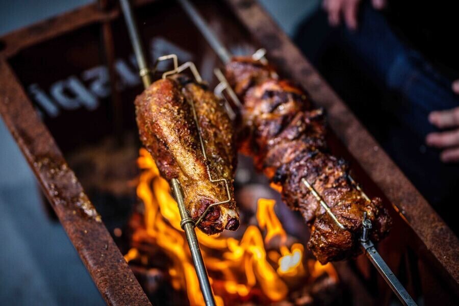 Auspit prongs and skewers ready for outdoor rotisserie cooking