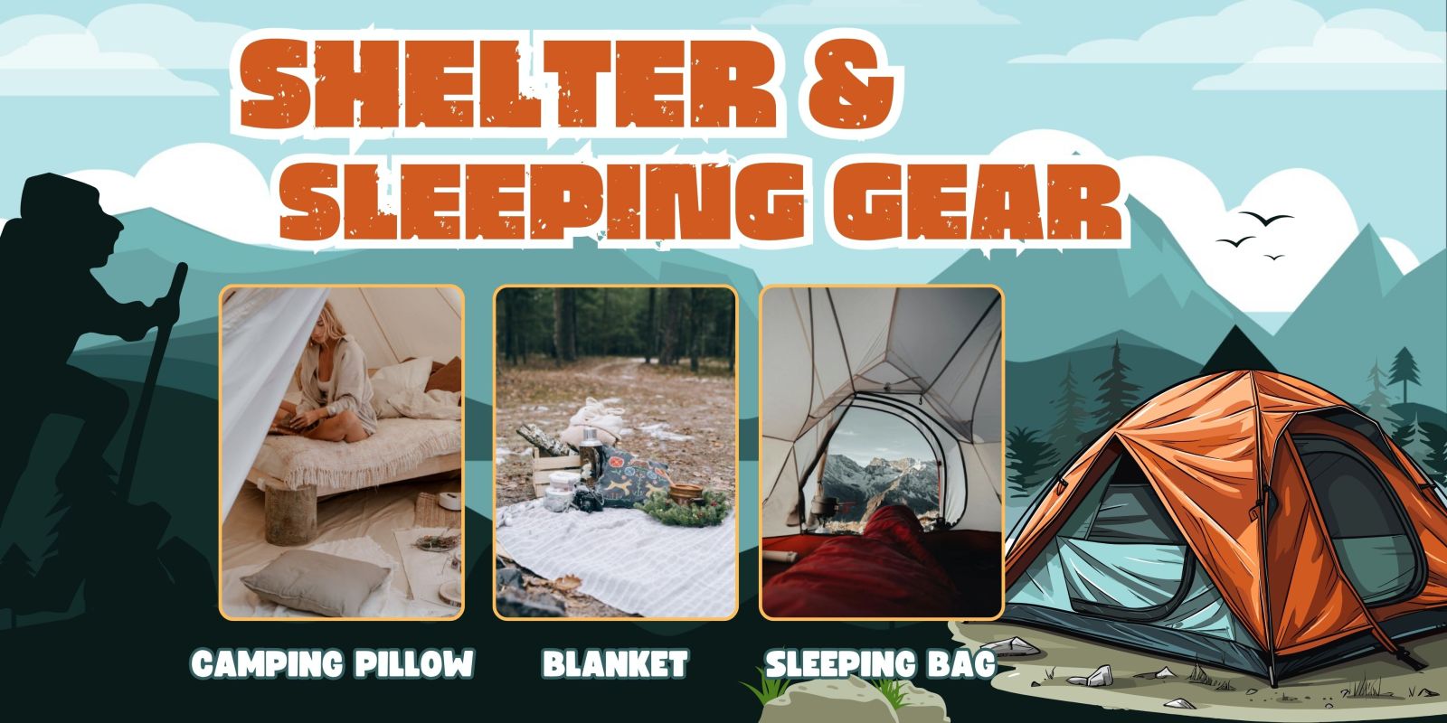 Shelter and sleeping gear display with camping pillow, blanket, and sleeping bag in outdoor settings. Photo by cottonbro studio: https://www.pexels.com/photo/woman-in-a-white-tank-top-sitting-on-a-bed-5358925/  Photo by Leeloo The First: https://www.pexels.com/photo/a-picnic-setup-in-the-woods-6176685/  Photo by Vasily Kotlyarov: https://www.pexels.com/photo/sleeping-in-a-tent-high-in-the-mountains-9166687/