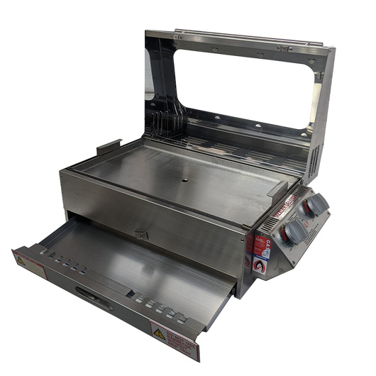 This image shows the Sizzler Deluxe 2 caravan BBQ with the lid open and the drip tray pulled out