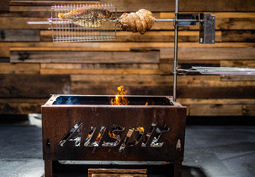 This image shows the Auspit Rotisserie with the Firepit.