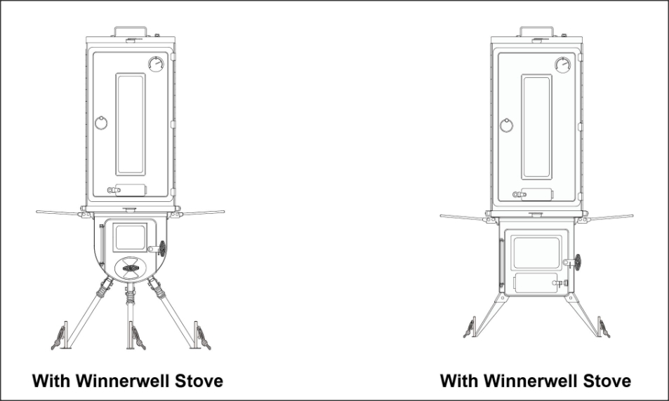 This is a fiagram of how the Winnerwell Smoker attachment sits on top of the Woodlander or Nomad Series L-sized Stoves 
