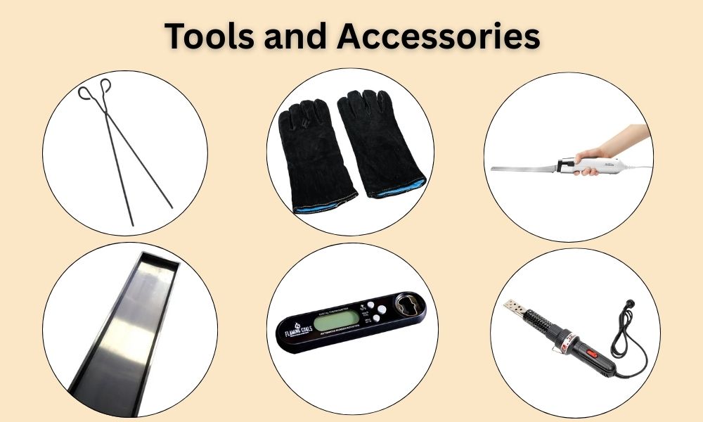 BBQ tools and accessories including skewers, heat-resistant gloves, electric carving knife, drip tray, digital thermometer, and charcoal fire starter.