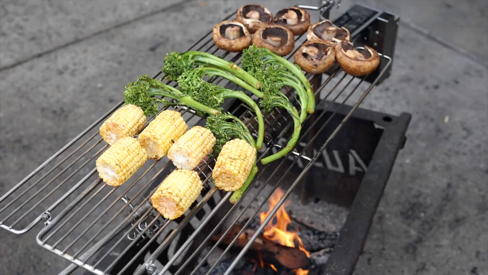 This image shows veggies on folding grill. This image shows veggies on folding grill.