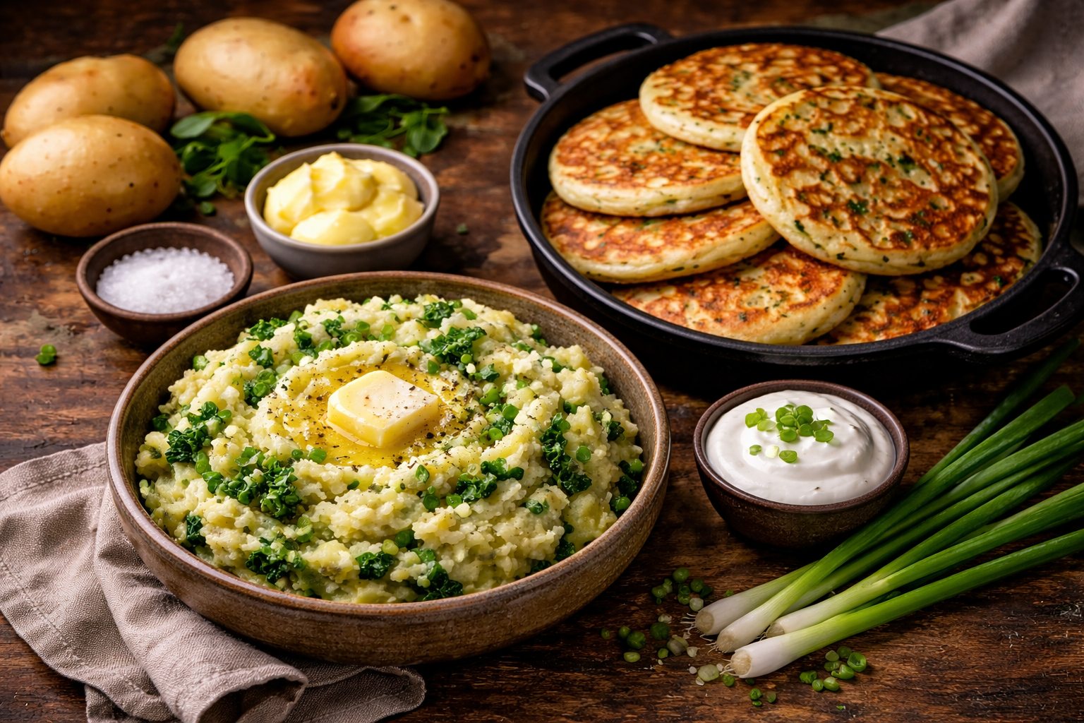 Traditional Irish colcannon topped with melted butter served alongside golden boxty potato pancakes on a rustic wooden table.