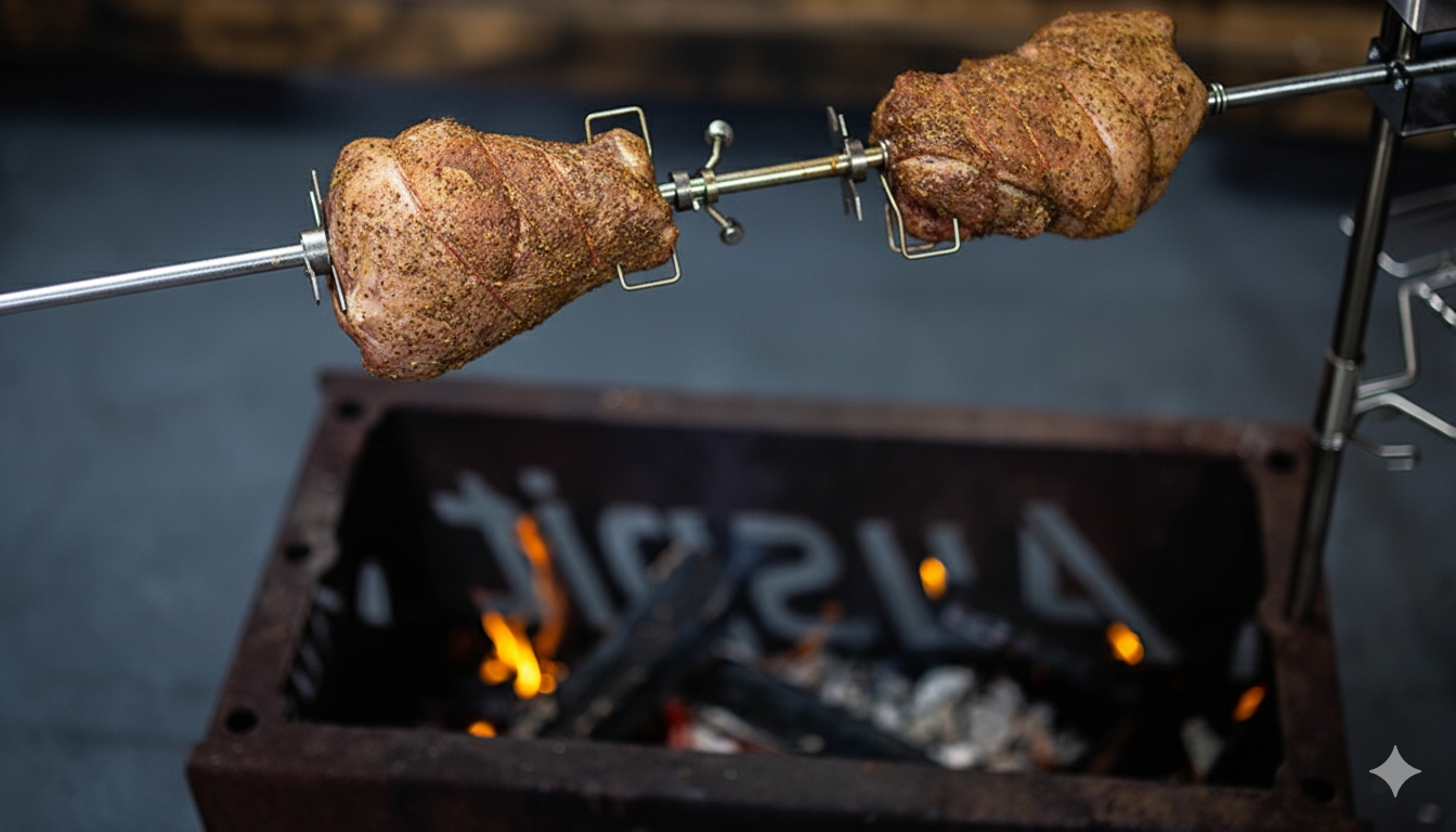 Deboned leg of lamb roasting on an Auspit portable rotisserie over an open charcoal fire.
