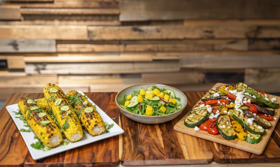 Grilled corn on the cob, a fresh cucumber and mango salad, and a platter of grilled vegetables with feta displayed on wooden serving boards