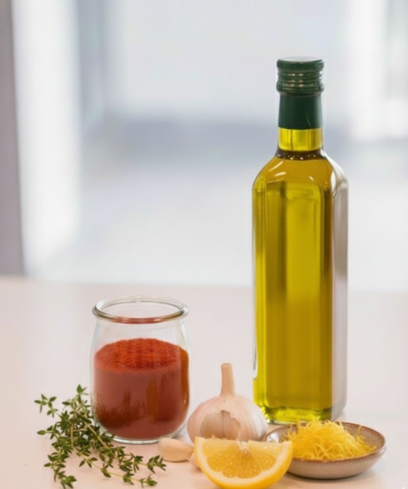 Olive oil, paprika, garlic, lemon, lemon zest, and fresh thyme displayed on a kitchen bench.