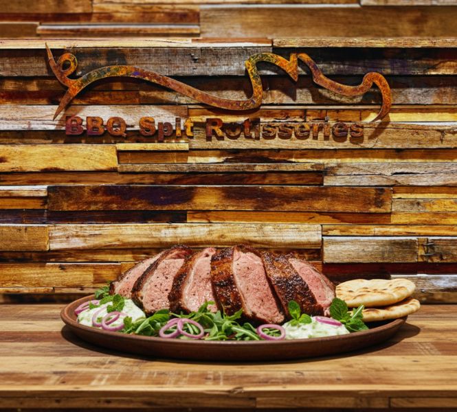 Sliced roast lamb served on a platter with salad and pita bread in front of a BBQ Spit Rotisseries sign.