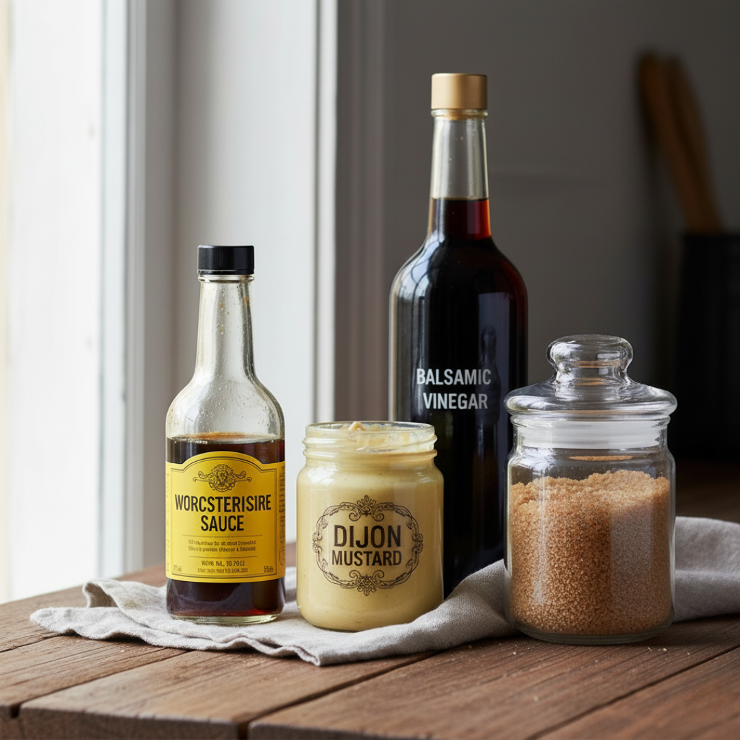 Worcestershire sauce, Dijon mustard, balsamic vinegar, and brown sugar displayed on a wooden bench as marinade ingredients.
